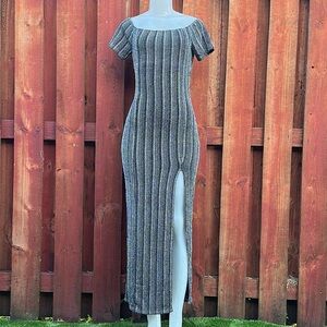 A3 Design Black Silver Ribbed Bodycon Maxi Dress for Cocktail Events Size L